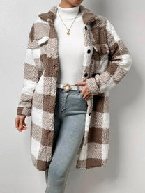 Wool Blend Plaid Jacket With Plush Collar