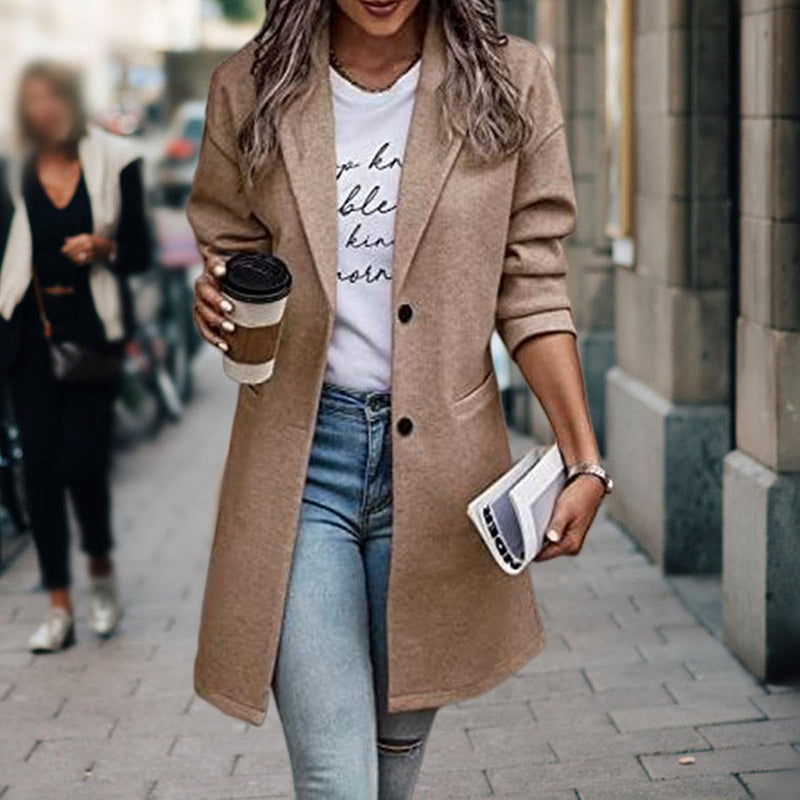 Wool Blend Tailored Knee-Length Coat for Women