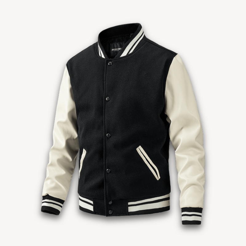 Wool Blend Varsity Jacket With Faux Leather Sleeves