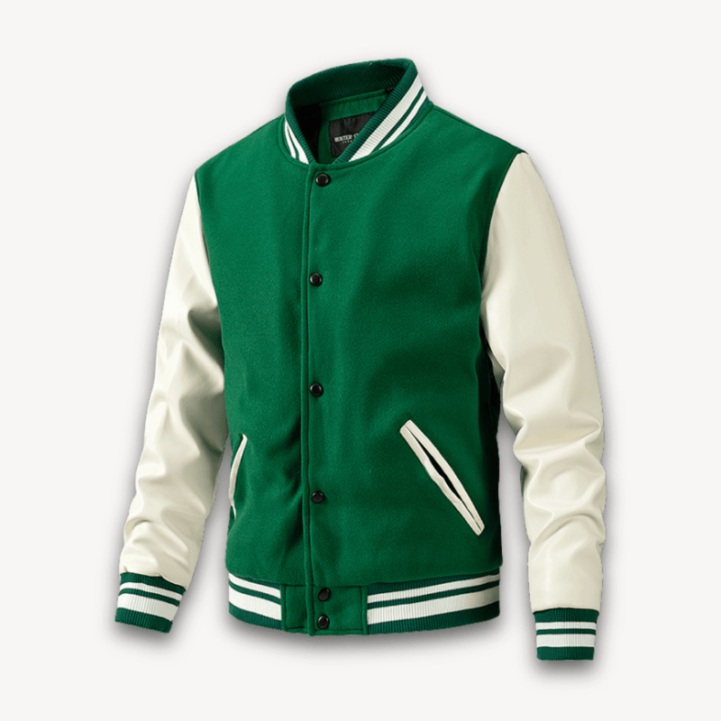 Wool Blend Varsity Jacket With Faux Leather Sleeves