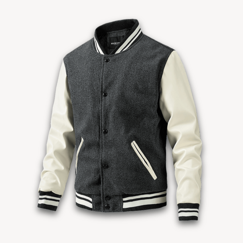 Wool Blend Varsity Jacket With Faux Leather Sleeves