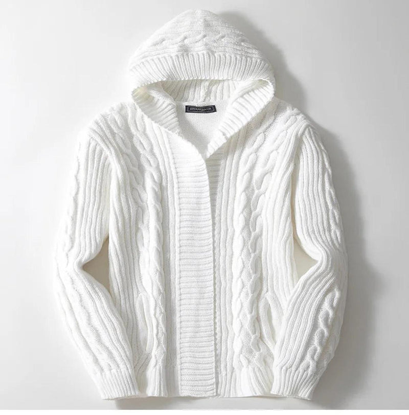 Wool Cable Knit Hooded Cardigan for Men