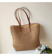 Woven Rattan Tote Bag With Leather Handles