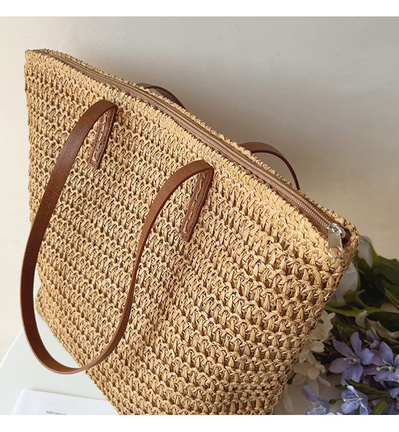 Woven Rattan Tote Bag With Leather Handles
