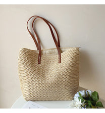 Woven Rattan Tote Bag With Leather Handles