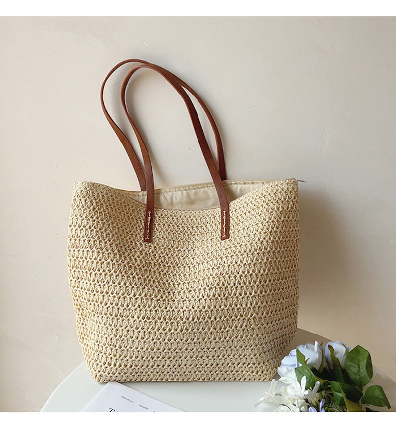 Woven Rattan Tote Bag With Leather Handles