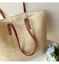 Woven Rattan Tote Bag With Leather Handles