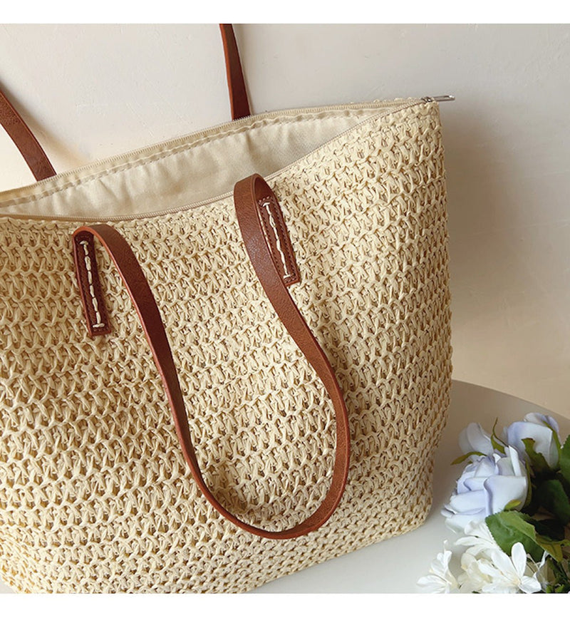 Woven Rattan Tote Bag With Leather Handles