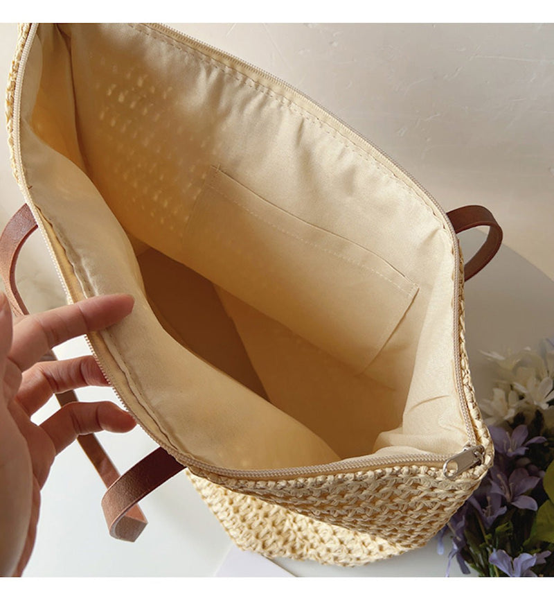 Woven Rattan Tote Bag With Leather Handles