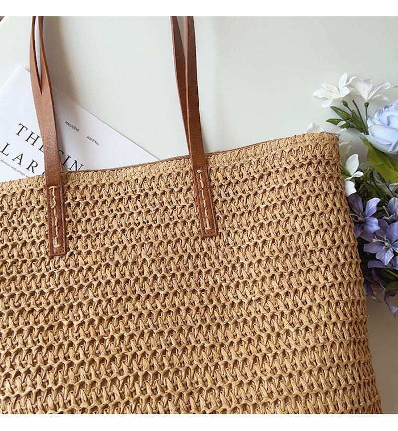 Woven Rattan Tote Bag With Leather Handles