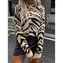 Zebra Print Sweater With High Collar And Flared Hem