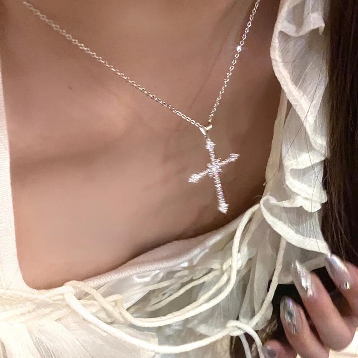 Zircon Crystal Cross Pendant Necklace Silver S925