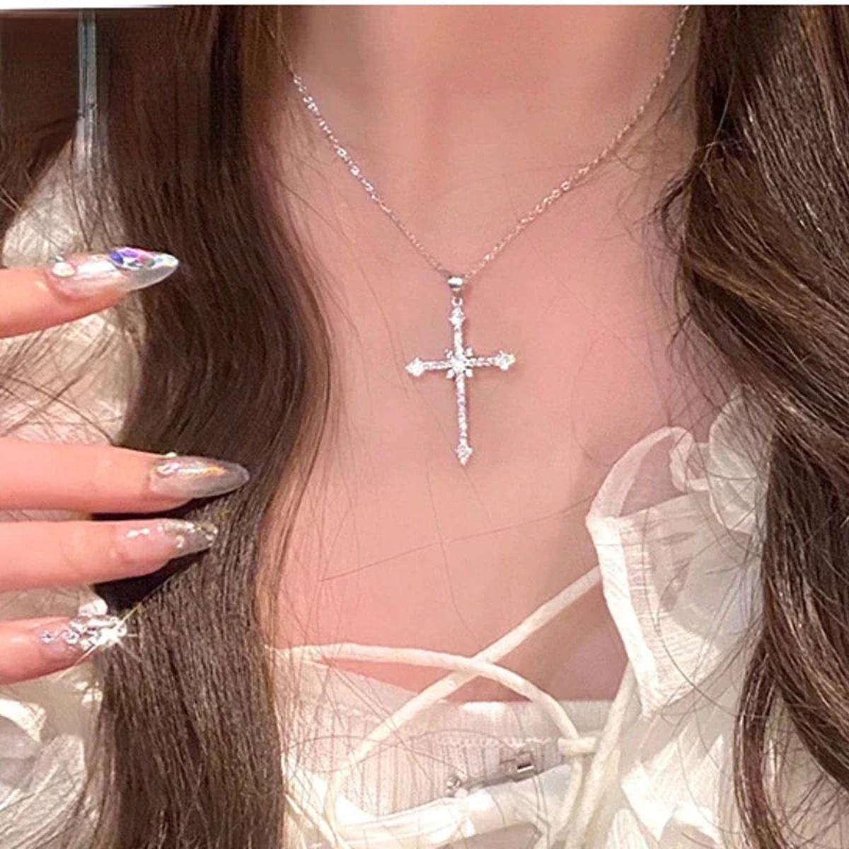 Zircon Crystal Cross Pendant Necklace Silver S925