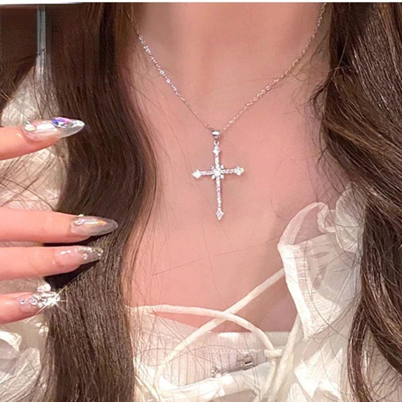 Zircon Crystal Cross Pendant Necklace Silver S925