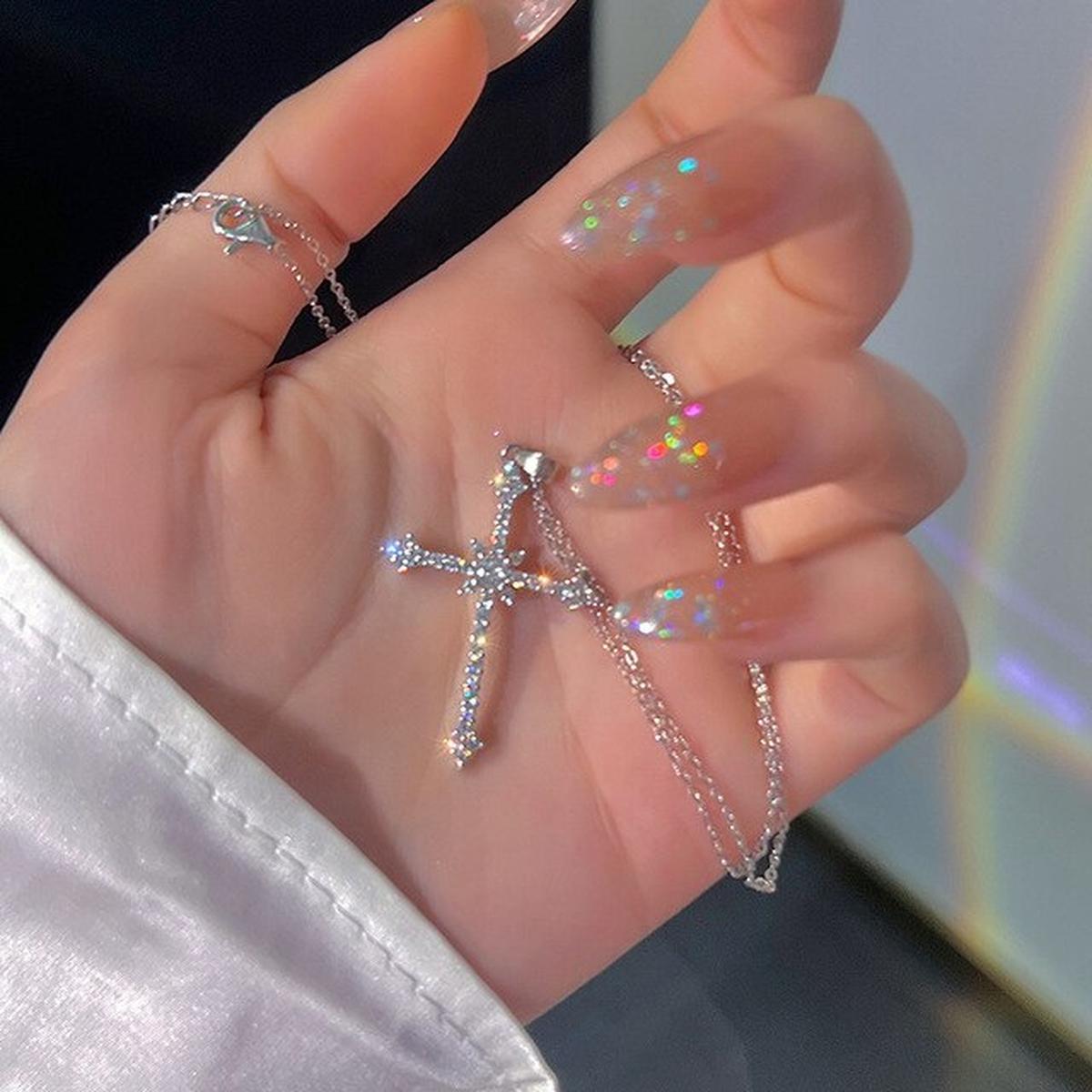 Zircon Crystal Cross Pendant Necklace Silver S925