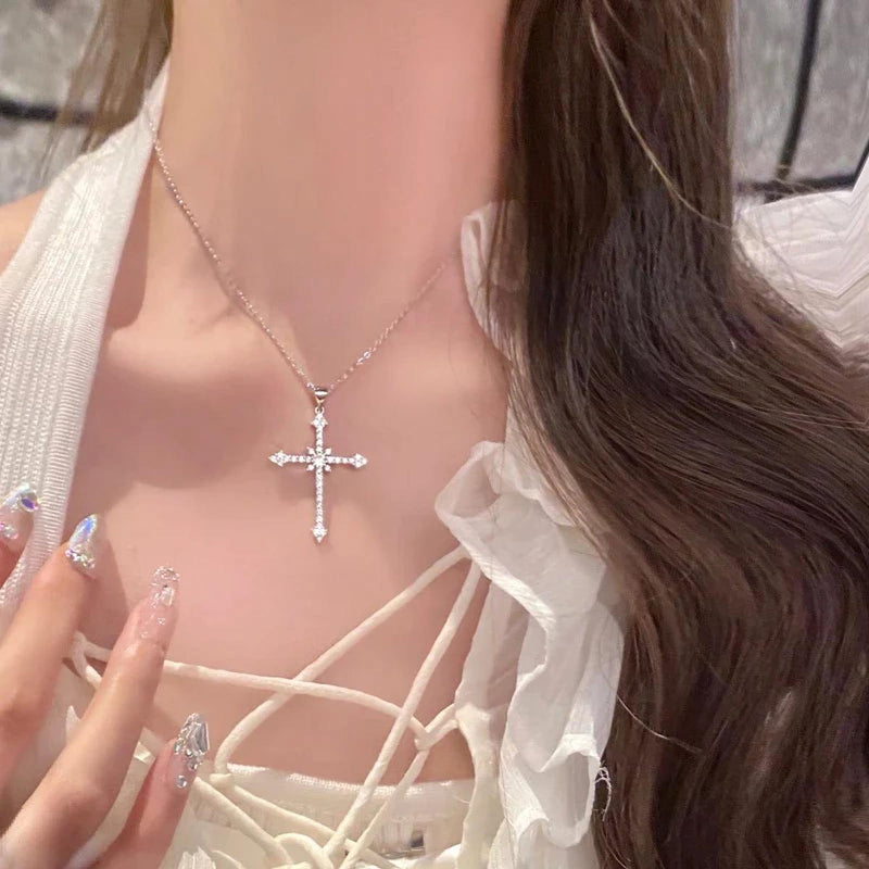 Zircon Crystal Cross Pendant Necklace Silver S925