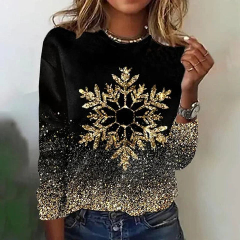 Black Pullover With Gold Snowflake Design For Women